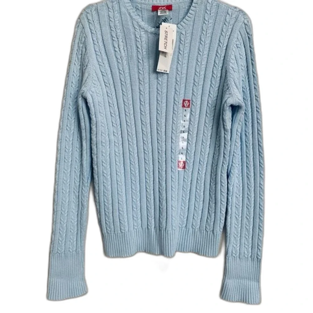 Anne Klein blue sweater Long sleeve crew neck cable knit cottagecore size L